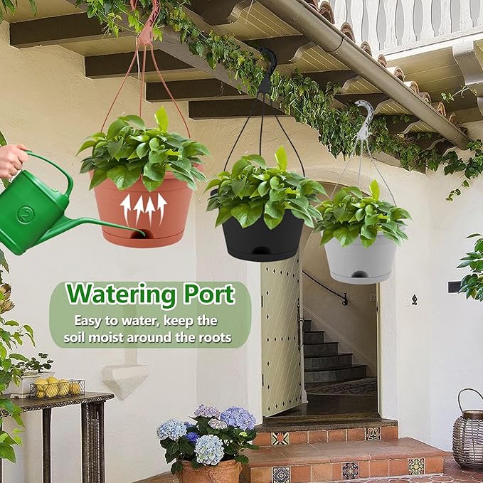 4 Pack Hanging Planters, 10 Inch Plant Pots with Hanger Chain & Drainage Trays, Hanging Baskets for Plants Outdoor Indoor, Flowers Pots for Home, Garden, Porch Decor (2 Grey + 2 Black)