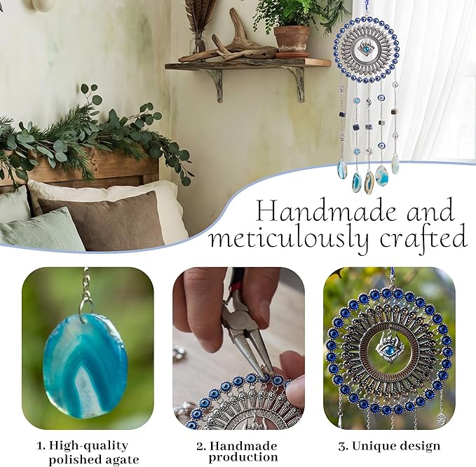 Evil Eye Dream Catcher, Handmade Blue Agate Stone Catcher with Crystals, Protective Bohemian Wall Hanging Decor for Bedroom, Window, Garden - Unique Housewarming Gift for Friends and Family