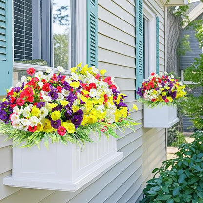 16 Bundles Outdoor Artificial Fake Flowers UV Resistant No Fade Plastic Faux Morning Glory Silk Flowers Plants for Home Garden Porch Patio Window Box Hanging Décor (Mix White Purple Fuchsia Yellow)