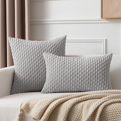 Kevin Textile 14x20 Inch Pillow Cover 1 Pack Boho Decorative Soft Striped Corduroy Lumbar Farmhouse Solid Color Accent Rectangle Cushion Case for Living Room Couch Sofa Bed, Light Grey