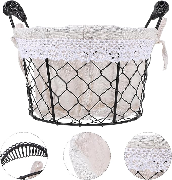 Housoutil Wire Basket with Fabric Liner and Handle, Rustic Metal Storage Basket for Bread, Candy, and Fruit, Multi-use Organizer for Kitchen and Table Decor