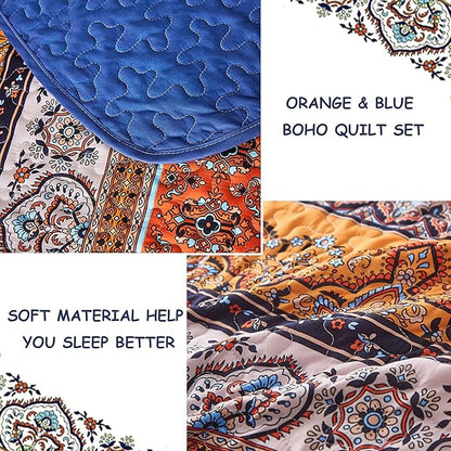 WONGS BEDDING Boho Fall Quilt Full Size, 3 Pieces Orange Blue Bohemian Lightweight Microfiber Bed Decor Bedspread for All Season 78"x90" (Blue Orange, Full)