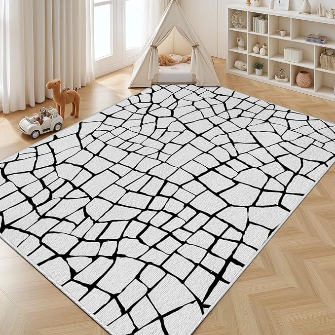 Black and White Area Rug, Abstract Rug 7x10, Contemporary Minimalist Rugs, Geometric Cracks Area Rugs, Modern Geometric Carpet for Living Room, Washable Non Slip Home Decor Mat