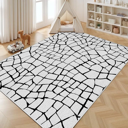 Black and White Area Rug, Abstract Rug 7x10, Contemporary Minimalist Rugs, Geometric Cracks Area Rugs, Modern Geometric Carpet for Living Room, Washable Non Slip Home Decor Mat
