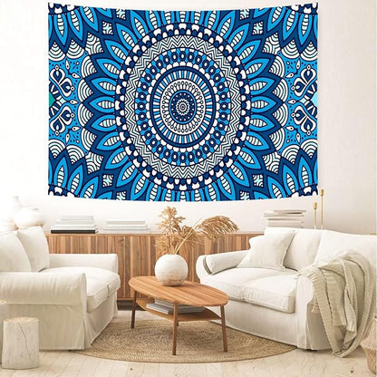Delur Mandala Tapestry Aesthetic Boho Blue Floral Medallion Tapestry Wall Hanging Bohemian Wall Art Hippie Indian Psychedelic Headboard for Bedroom Living Room Home Decor (51.2" x 59.1")
