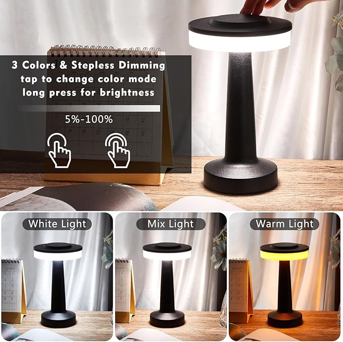 Riakrum 4 Pcs LED Portable Cordless Table Lamp with Touch Sensor 3 Color Stepless Dimming Rechargeable Battery up to 15 Hours Cordless Table Light Wireless Lamp for Nursery (Black)
