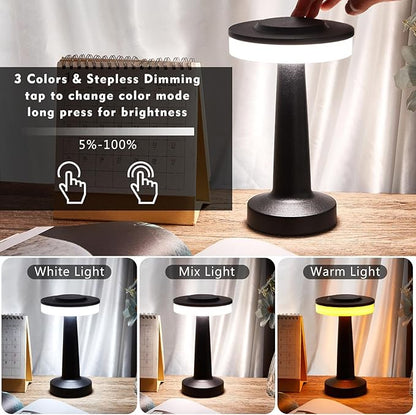 Riakrum 4 Pcs LED Portable Cordless Table Lamp with Touch Sensor 3 Color Stepless Dimming Rechargeable Battery up to 15 Hours Cordless Table Light Wireless Lamp for Nursery (Black)