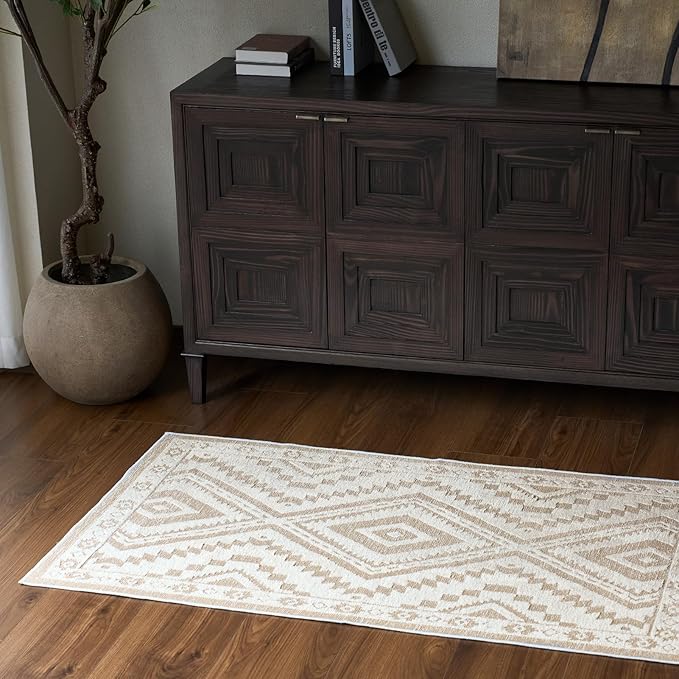 Moroccan Washable Area Rug 3x5, Geometric Tribal Decorative Woven Rug, Non-Slip Boho Farmhouse Soft Low-Pile Area Rug for Living Room Bedroom Dining Table Nursery, Cream/White