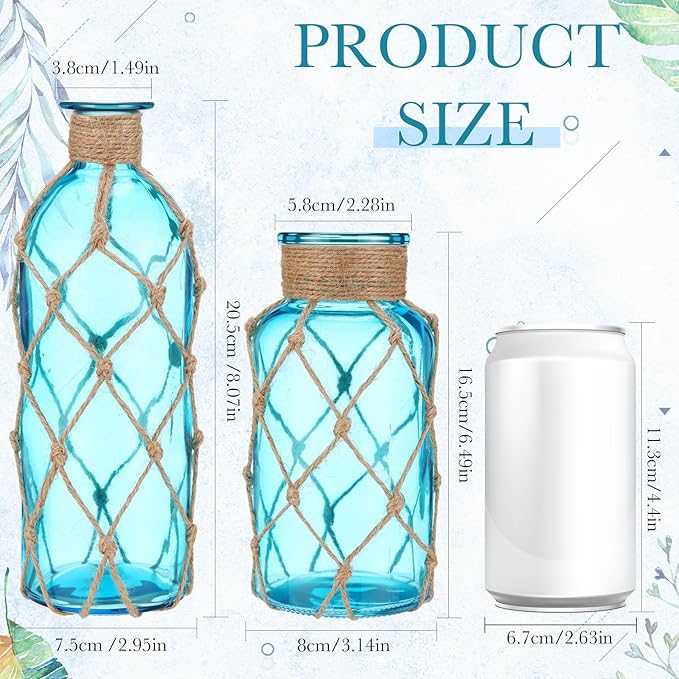 Chuangdi Set of 2 Coastal Glass Vases Christmas Vases for Flowers with Boho Rope Christmas Centerpieces for Tables Small Beach Bottle for Nautical Wedding Floral Arrangement Decorations(Aqua Blue)