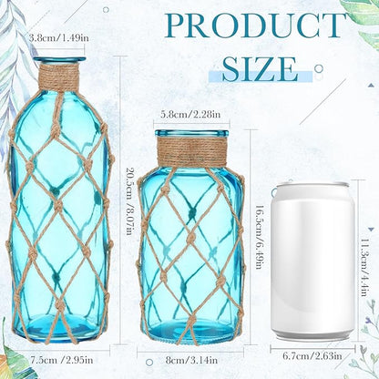Chuangdi Set of 2 Coastal Glass Vases Christmas Vases for Flowers with Boho Rope Christmas Centerpieces for Tables Small Beach Bottle for Nautical Wedding Floral Arrangement Decorations(Aqua Blue)