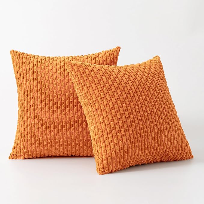 Kevin Textile Fall Pack of 2 Corduroy Decorative Throw Pillow Covers 22x22 Inch Soft Boho Striped Pillow Covers Modern Farmhouse Home Decor for Spring Sofa Living Room Couch Bed Orange