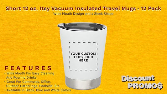 Personalized 12 oz. Itsy Vacuum Insulated Travel Mugs - 12 Pack - Custom Text, Logo - White