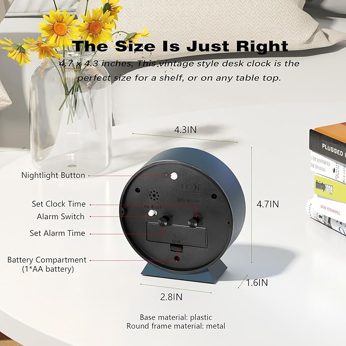 AYRELY® 4.5" Analog Alarm Clock,Small Retro Desk Clock Battery Operated,Slient Metal Table Clock with Light for Living Room Decor,Bedroom,Bedside,Shelf (Blue)