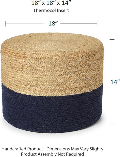 REDEARTH · Cylindrical Pouf Foot Stool Ottoman - Jute Braided Pouffe Poof Accent Sitting Footrest for Living Room, Bedroom, Nursery, Patio, Lounge & Other Rooms (Navy Natural, 18"X18"X14")