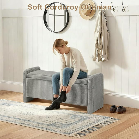 44" Storage Ottoman Bench, Upholstered End of Bed Storage Benches, Rectangle Ottoman with Storage for Bedroom, Entryway, Corduroy Grey