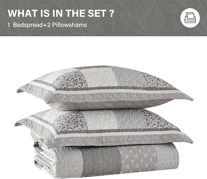 SahSahCasa 100% Cotton 102"x120" Oversized Queen Quilt Bedspread - Quilted Extra Large Comforter Lightweight Bedding Set, XL Plaid Patchwork Wide Bed Spread Coverlet, 3pcs, Taupe Gray