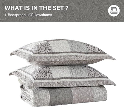 SahSahCasa 100% Cotton 102"x120" Oversized Queen Quilt Bedspread - Quilted Extra Large Comforter Lightweight Bedding Set, XL Plaid Patchwork Wide Bed Spread Coverlet, 3pcs, Taupe Gray