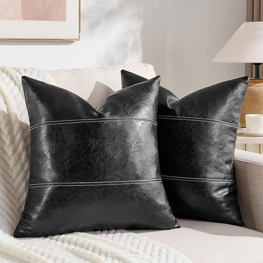 Fancy Homi 2 Packs Black Boho Faux Leather Decorative Throw Pillow Covers 20x20 Inch for Living Room Couch Bed Sofa, Rustic Modern Farmhouse Home Decor, Hand Stitched Square Cushion Case 50x50 cm