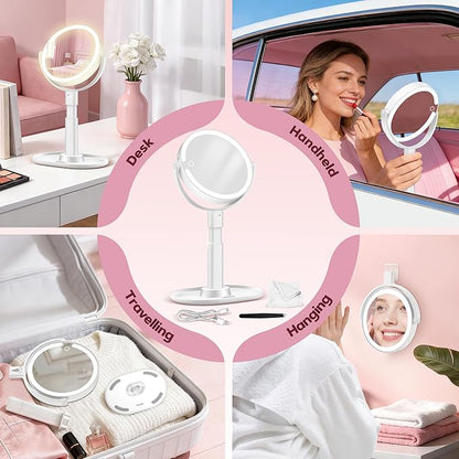 Makeup Mirror with Lights, 30X Magnifying & Height Adjustable, Lighted Magnifying Mirror with 3 Light Modes and Stepless Dimming, Vanity Mirrors for Bathroom, Birthday Gift for Women, White