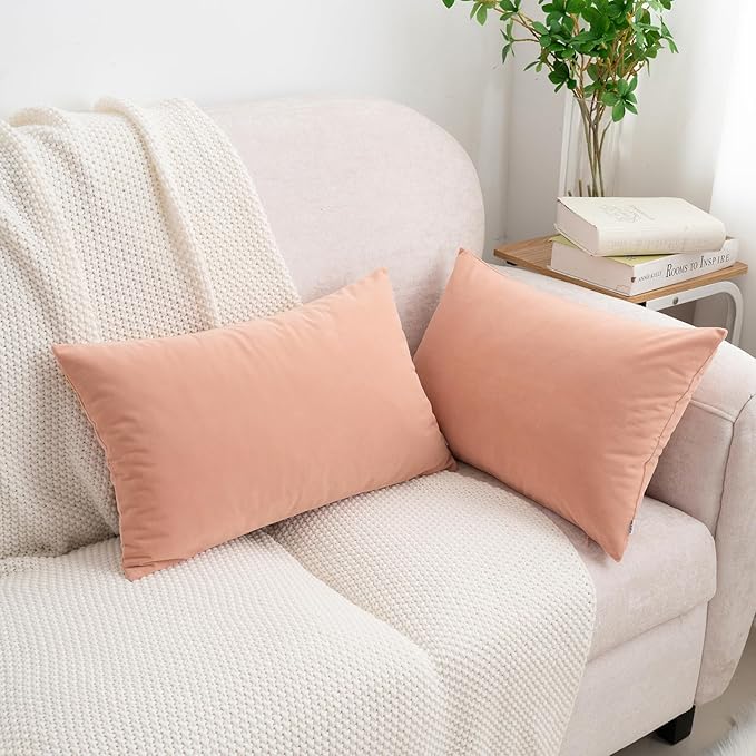 HWY 50 Dusty Pink Velvet Rectangular Throw Pillow Covers 12x20 Inch, Pack of 2 Soft Cozy Solid Decorative Luxury Cushion Cases for Couch Sofa Bed Living Room Bedroom