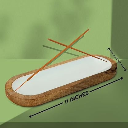 Hand Painted White Incense Holder,Wooden Incense Burner,Ash Catcher, Incense Tray 11x4x1.5 Inches, Best for Home Fragrance-Aesthetic Room Décor