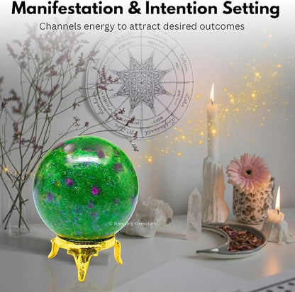 Amazing Gemstone Ruby Zoisite Crystal Ball with Stand - 1.5 Inches Crystal Sphere Meditation Balls for Witchcraft and Decorative Balls