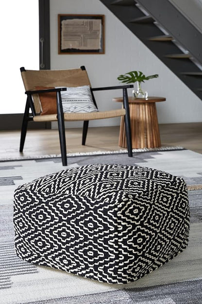Signature Design by Ashley Jasett Casual Handwoven Geometric Pouf, Black & White