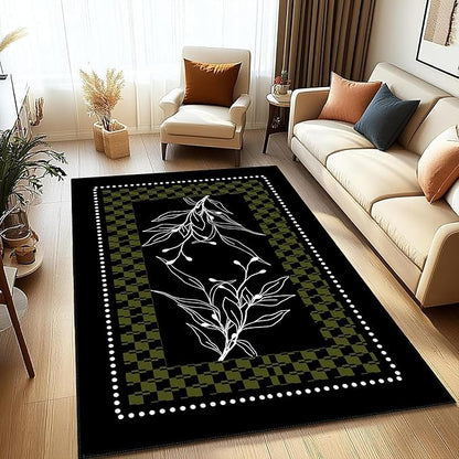 Modern Abstract Area Rug 5x6ft, Black Green White Botanical Line Art, Low Pile Non-Slip Washable Carpet for Bedroom, Farmhouse Dining Room, Kids Playroom