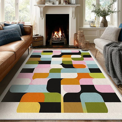 Mid Century Rug 3x5 Retro Abstract Geometric Pattern, Washable Living Room Bedroom Area Rugs, Mid Century Decor for Home, Soft Non Slip Indoor Carpet, Low Pile Design & G838