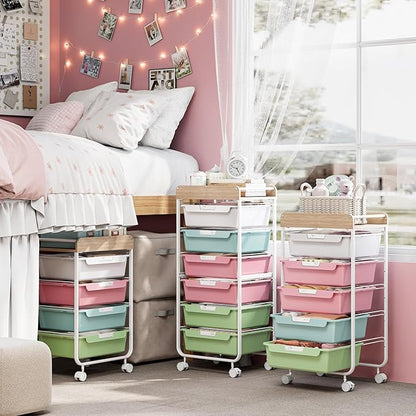 Rolling Storage Utility Cart With 6 Drawers,Art Supply Craft Organizer,Sewing Makeup Organizer And Storage,Office Organization Wooden Tabletop,Colorful