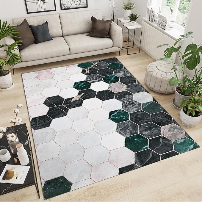 Pink White Black Geometric Honeycomb Area Rug, Abstract Light Luxury Golden Irregular Lines Print Rugs, Machine Washable Breathable Durable Carpet for Front Entrance Floor Decor,5 x 7ft