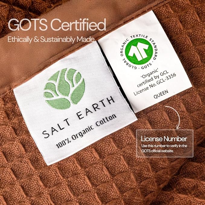 Salt Earth GOTS Certified 100% Organic Cotton Throw Blanket, 60"x80" Waffle Blankets & Throws for Bed, Throw Blanket for Couch, Cozy Christmas Blankets and Throws for Christmas Gifts (Potting Soil)