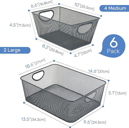 Neudeco Wire Storage Baskets - 6 Pack Metal Mesh Organizers for Kitchen, Laundry, Garage, Fridge & Bathroom - Gray