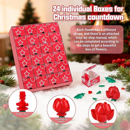 Flower Bouquet Building Blocks Set - 24-Day Countdown Calendar for Spring, Valentine's Day, Mother's Day & Christmas - DIY Colorful Roses & Tulips Building Home Decor for Women, Teens, Mom