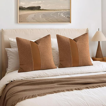 MIULEE Boucle Throw Pillow Covers 24x24 Inch Set of 2 Brown Faux Leather Textured Decorative Pillow Cases Boho Farmhouse Accents Cushion Covers for Couch Bed Livingroom Home Decor