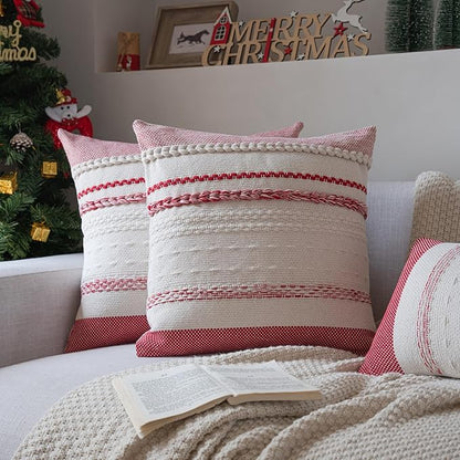 Valentines Pillow Covers 20x20 Inch Set of 2, Red Textured Boho Valentines Day Decoration Pillow Cases for Farmhouse Home Decor, Accent Cushion Cover for Sofa, Bed, Living Room, Bedroom