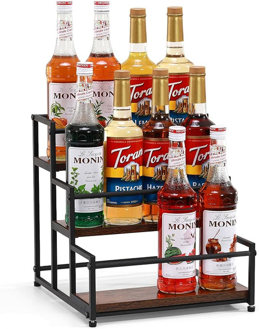 Coffee Syrup Rack Organizer, 3-Tier 12 Syrup Bottles Holder Stand for Coffee Bar, Liquor Bottle Display Shelf Bar Shelf Stand Countertop Rack for Syrup, Wine, Spice