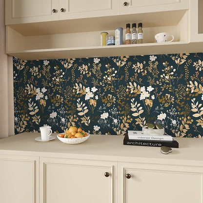 Navy Floral Wallpaper Peel and Stick Boho Wallpaper Vintage Blue/Gold Leaf Contact Paper Waterproof Self Adhesive Modern Wall Paper for Cabinet Walls Kitchen 17.5" x197"