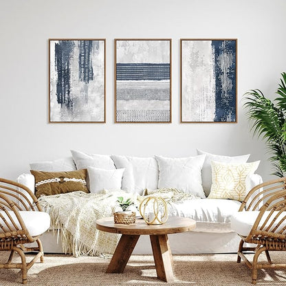 HLNIUC Navy Blue Abstract Framed Wall Art Set, Neutral Minimalist Canvas Wall Decor, Mid Century Modern Wall Painting, Grey Geometric Art Print for Living Room, Bedroom, Office - 24"x36"x3