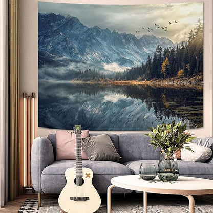 kampdream Lake Scenery Tapestry, Misty Mountains and Pine Forest Wall Hanging, Nature Home Decor for Bedroom and Living Room Wall Art Decoration