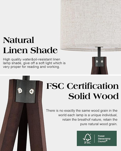 ELYONA Wood Tripod Floor Lamp with 3 Color Temperatures Bulb, Mid Century Modern Reading Standing Light, Farmhouse Floor Light Linen Shade for Living Room Bedroom Office, Walnut, 9W LED Bulb Include