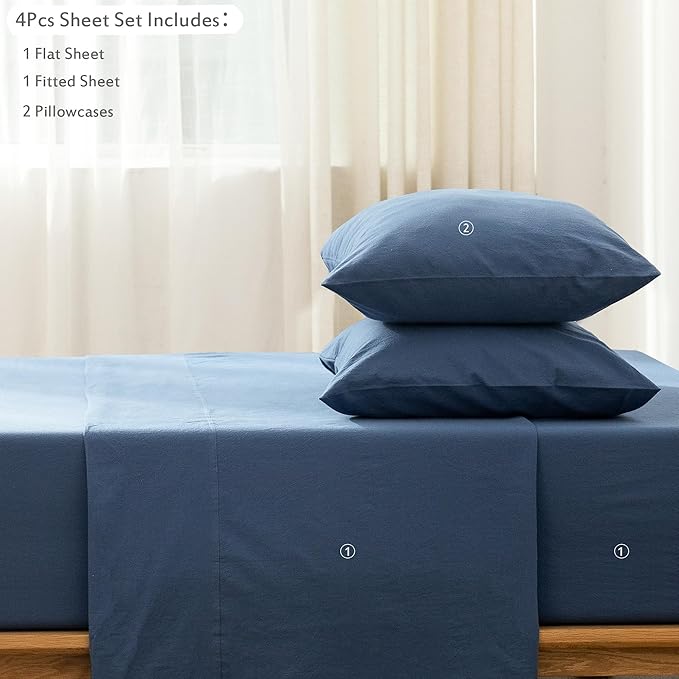 MooMee Bedding Sheet Set 100% Washed Cotton Linen Like Textured Breathable Durable Soft Comfy (Solid Navy, King)