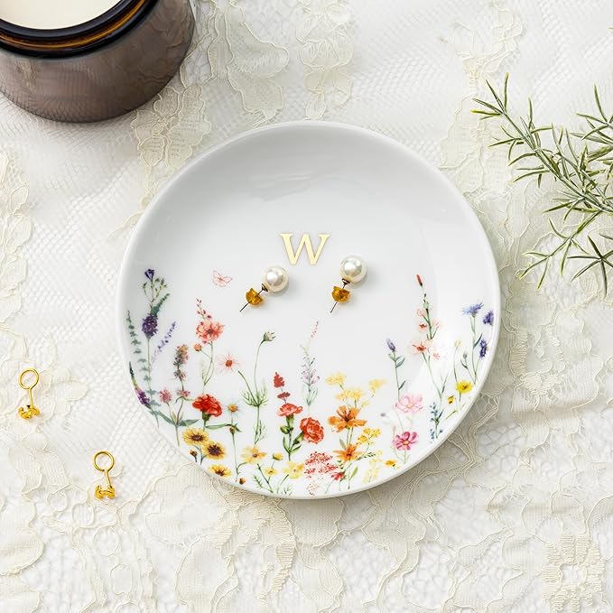 Crisky Initial Jewelry Tray Ring Dish & Gift Box, Ceramic Flower Trinket Dish for Rings Earrings Necklaces Keys, Bridal Shower Engagement Birthday Gift for Women, Friends 4.57" (Gold Foil W