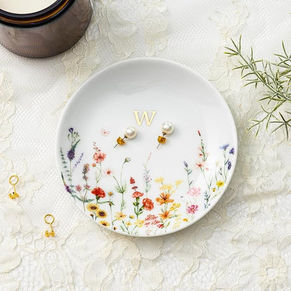 Crisky Initial Jewelry Tray Ring Dish & Gift Box, Ceramic Flower Trinket Dish for Rings Earrings Necklaces Keys, Bridal Shower Engagement Birthday Gift for Women, Friends 4.57" (Gold Foil W
