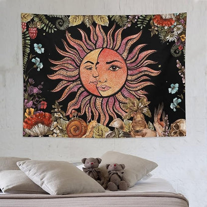 Vintage Sun Tapestry,Boho Hippie Mushroom Plant Botanical Sun and Moon Art Tapestries Wall Hanging for Dorm Living Room Bedroom Decor(60"x80")