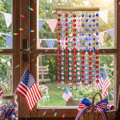 Suncalla 2 Pcs 4th of July Crystal Suncatcher American Flag Wind Chime with Chain Patriotic Window Decor Red Blue and White USA Hanging Making Rainbow Prism for 250th Anniversary Garden Home Gift