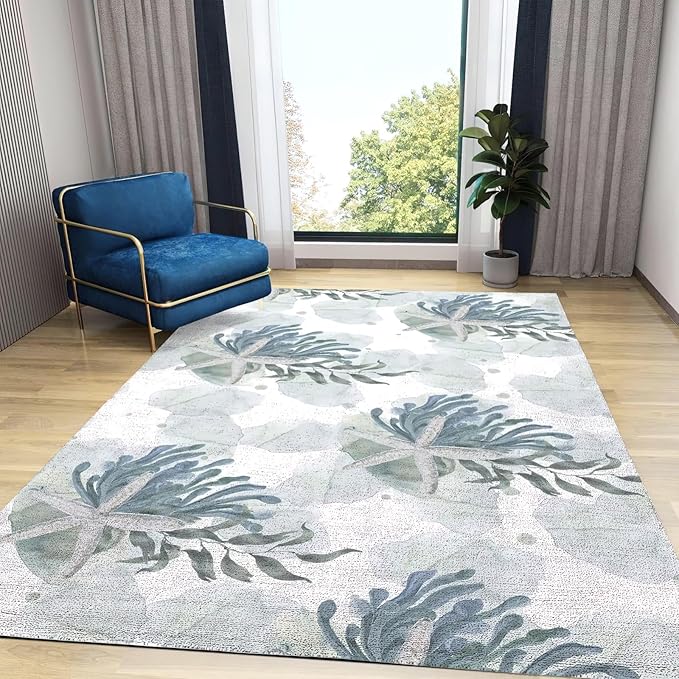 Starfish Seaweed Coral Area Rug, Sea Plants Non Slip Noise Reduction Kids Rugs, Machine Washable Durable Carpet for Indoor Bedroom Living Room Office Decor Rug - 5 ft x 7 ft