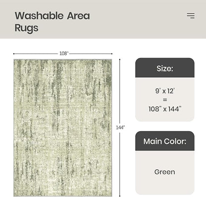 Valenrug Washable Rug 9x12 - Stain Resistant 9x12 Area Rugs for Living Room, Non Slip Backing Printed Rugs for Bedroom, Folable Machine Washable Area Rug(Green,9'x12')