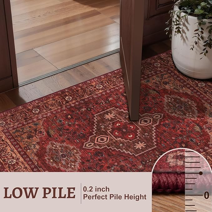 Tangsoo 2.6x10 Washable Hallway Runner Rug, Non Slip Vintage Runner Rug for Hallways, Soft Low Pile Long Rug Runner, Print Distressed Carpet Runners for Kitchen Bedroom Entryway Living Room Dark Red