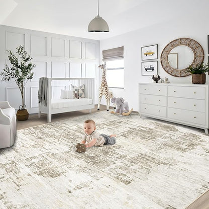 9x12 Area Rug for Living Room, Washable Modern Abstract Large Area Rug Neutral Soft Non Slip Kids Rug Stain Resistant Indoor Carpet for Bedroom Nursery Dining Room Playroom Office(BeigeBrown, 9'x12')